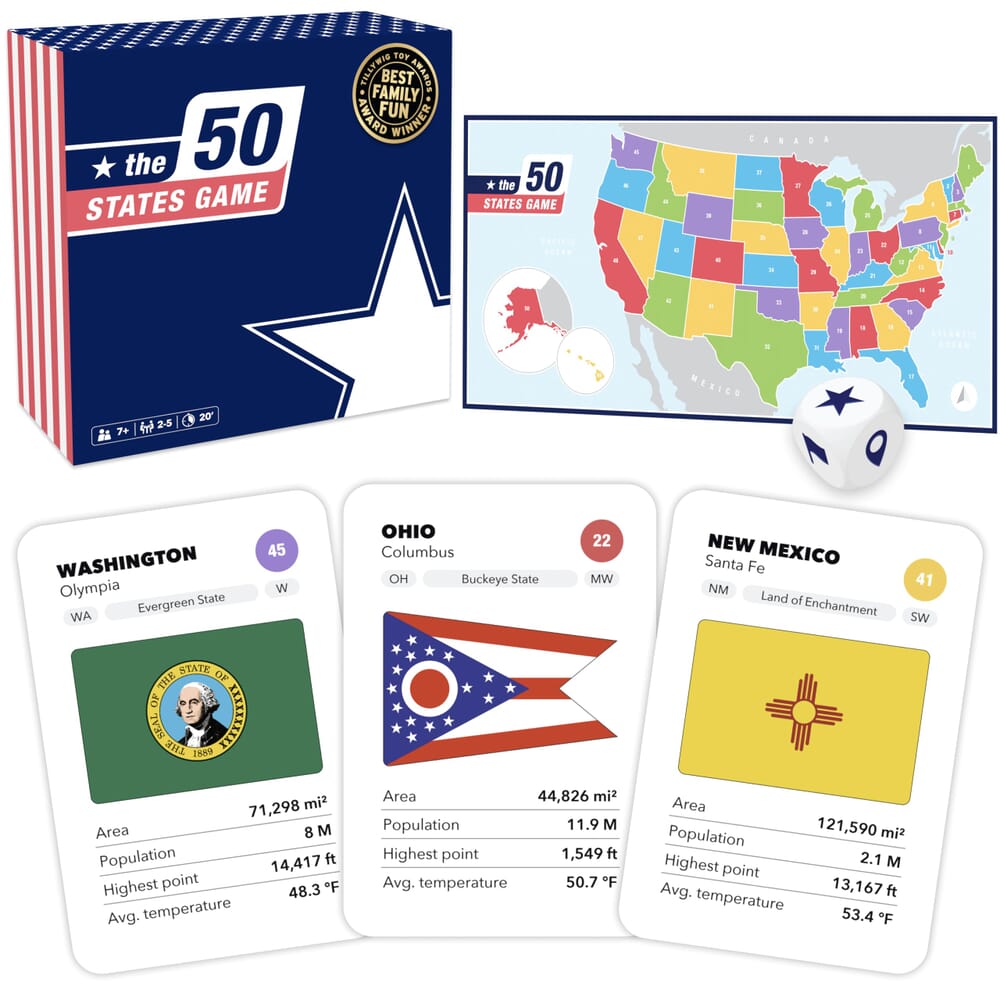 The 50 States Game box and US state cards on a white background
