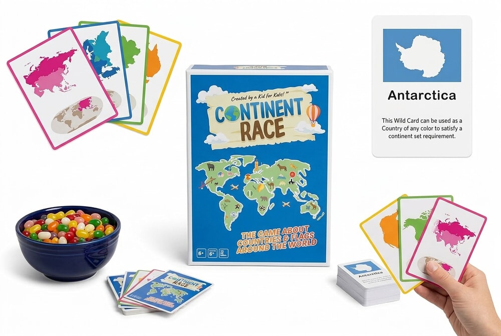 Continent Race geography board game box and cards on white background