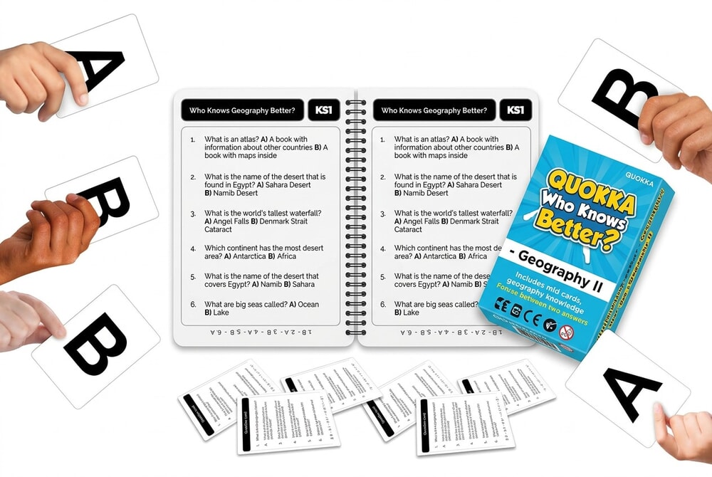 QUOKKA Who Knows Better Geography card game box and cards on white background