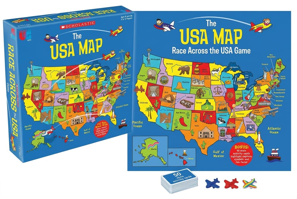 Scholastic Race Across the USA board game box and board on white background