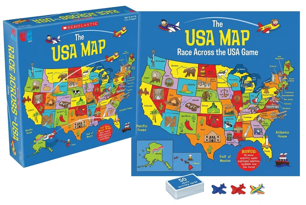 Scholastic Race Across the USA board game box and board on white background
