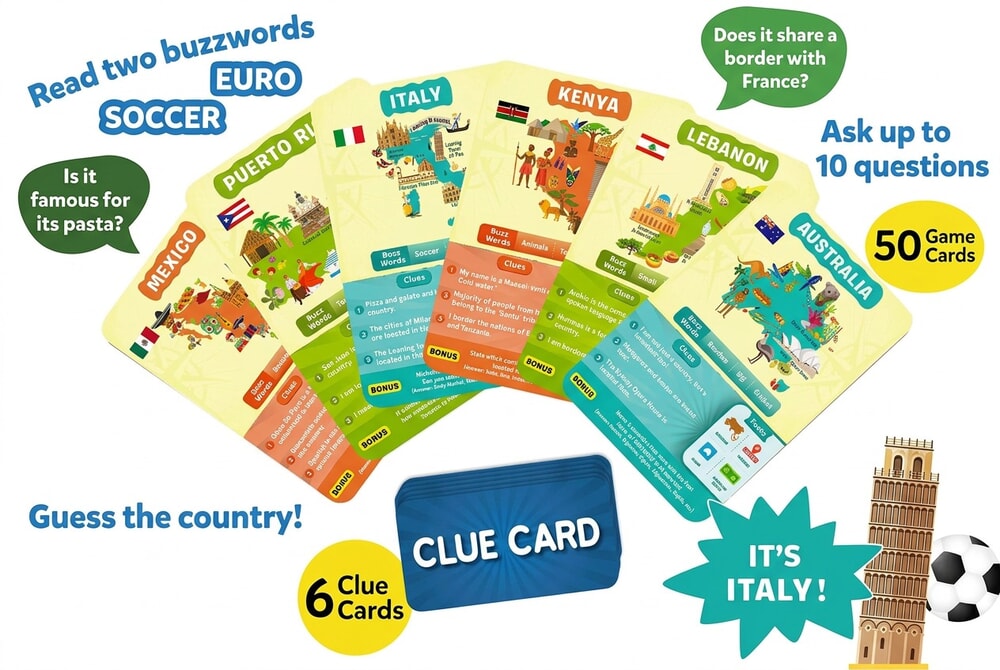 Skillmatics Guess in 10 Countries card game box and cards on white background