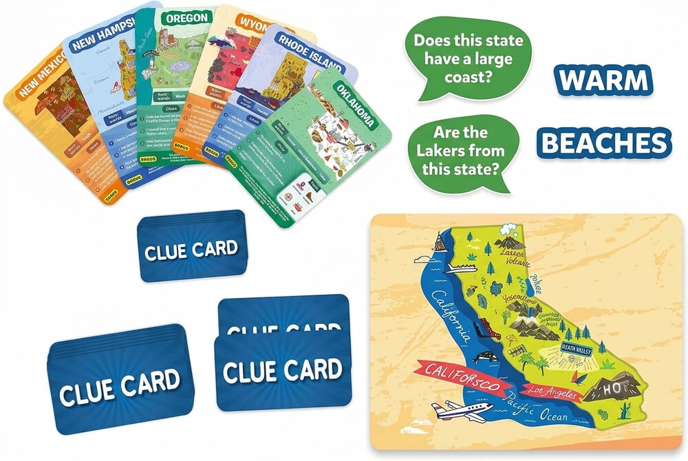 Skillmatics Guess in 10 States of America card game box and cards on white background