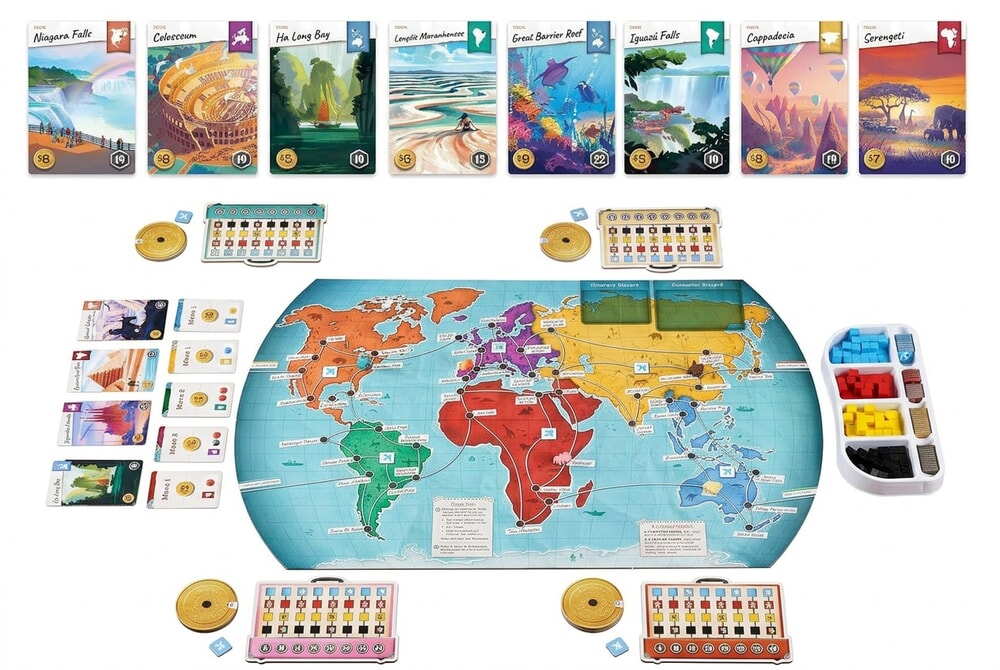 Trekking the World 2nd Edition board game box and components on white background