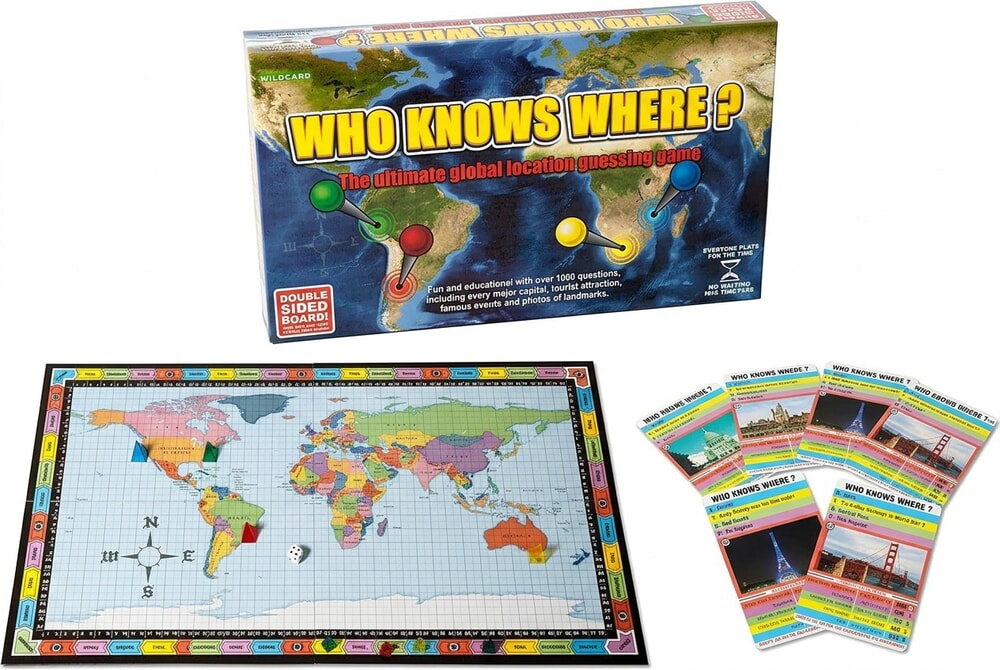 Who Knows Where board game box and board on white background