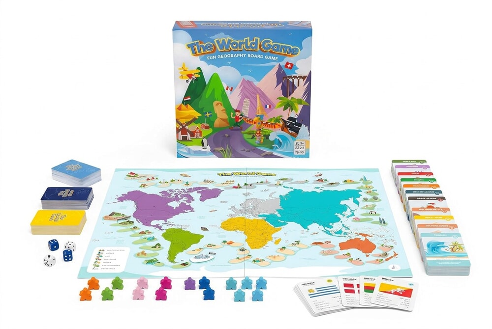 The World Game geography board game box and world map board on white background