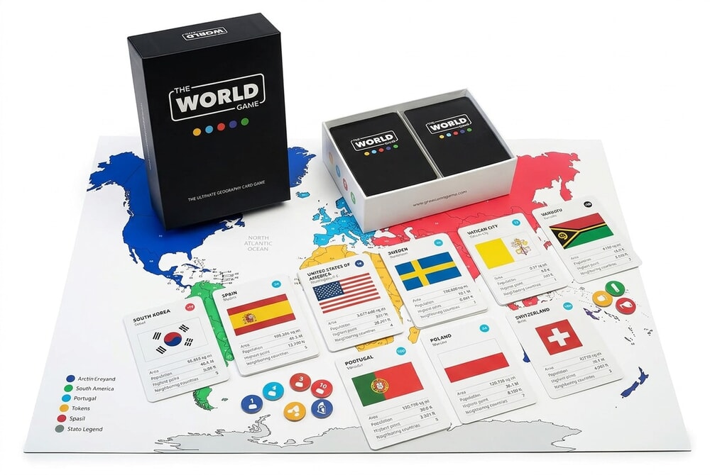 The World Game geography card game box and cards fanned out on white background