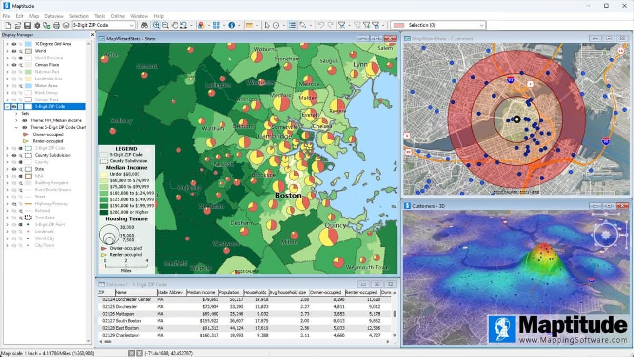 Maptitude desktop interface showing a ZIP-code choropleth of Boston with a 3D density surface and radius selection