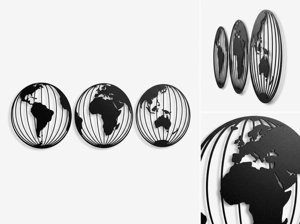 DEKADRON 3 Globes Metal World Map showing three circular panels
