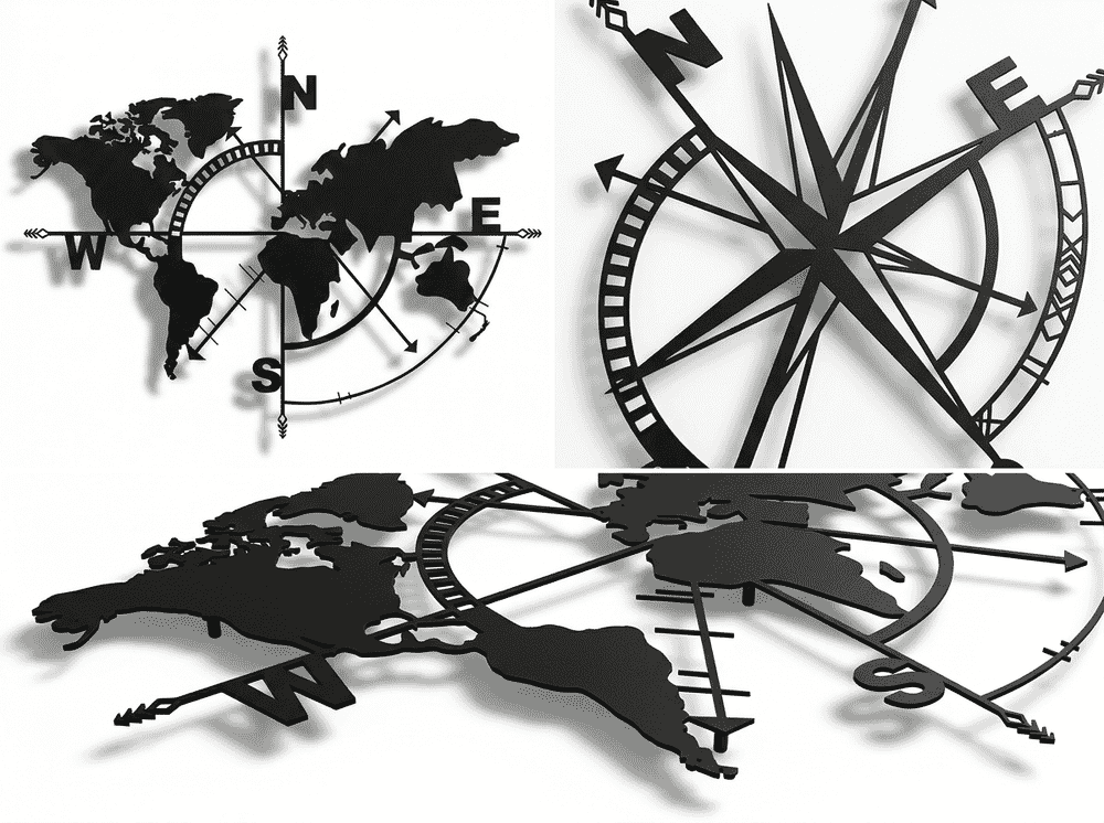 DEKADRON Metal World Map multiple views showing wall mounting and detail