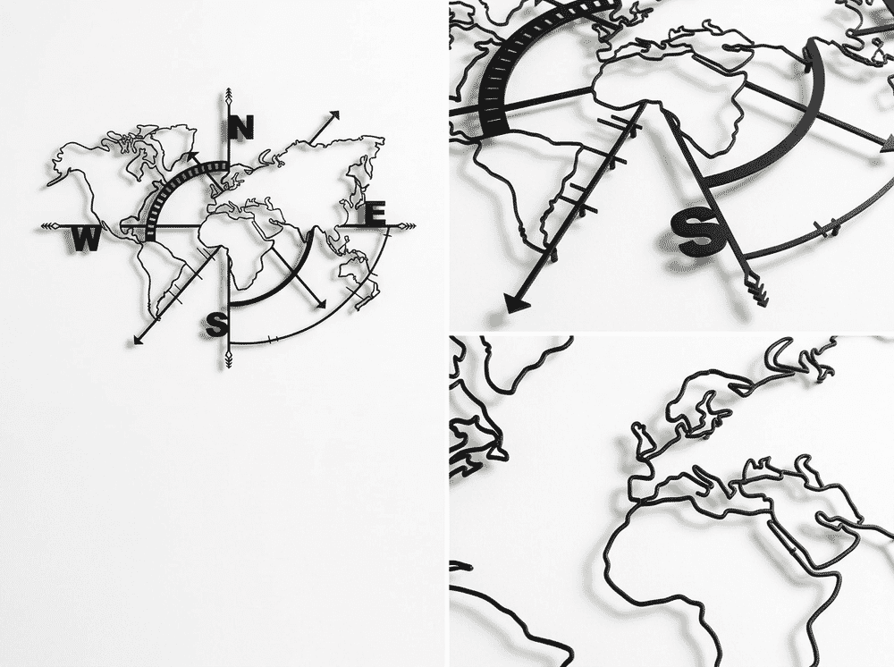 DEKADRON Compass Metal World Map detail showing compass rose and continents