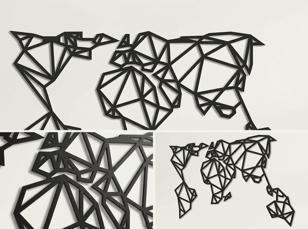 DEKADRON Geometric Metal World Map showing angular low-poly design