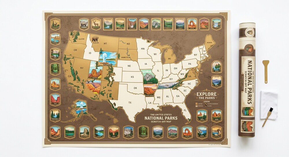 Atlas and Green US National Parks scratch off map showing colorful park illustrations