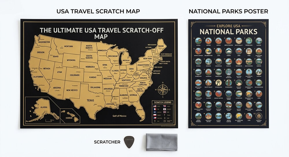 Bright Standards USA and National Parks scratch off map bundle showing both posters with accessories