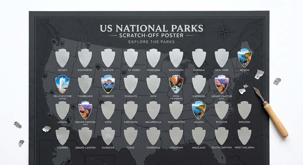 Bright Standards Charcoal Grey National Parks scratch off poster with arrowhead designs
