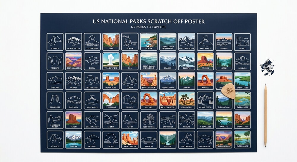 Enno Vatti US National Parks scratch off poster with minimalist grid design