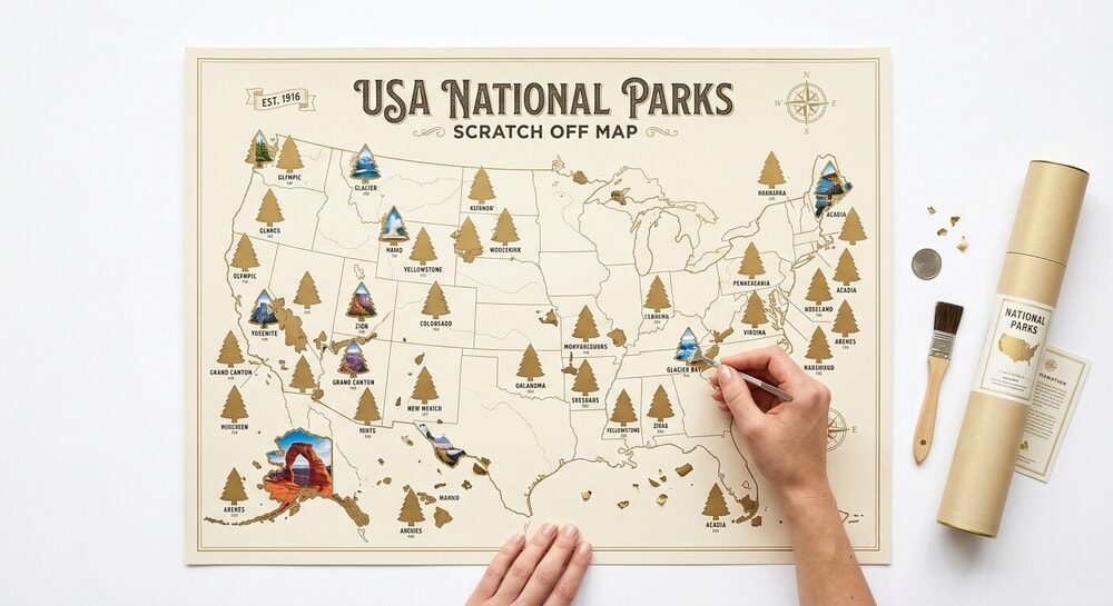 Epic Adventure Maps National Parks poster showing pine tree-shaped photograph reveals
