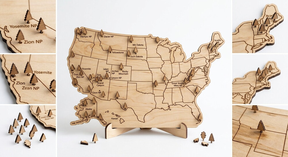 LIVIN HARMONY wooden national parks push pin map with tree-shaped markers
