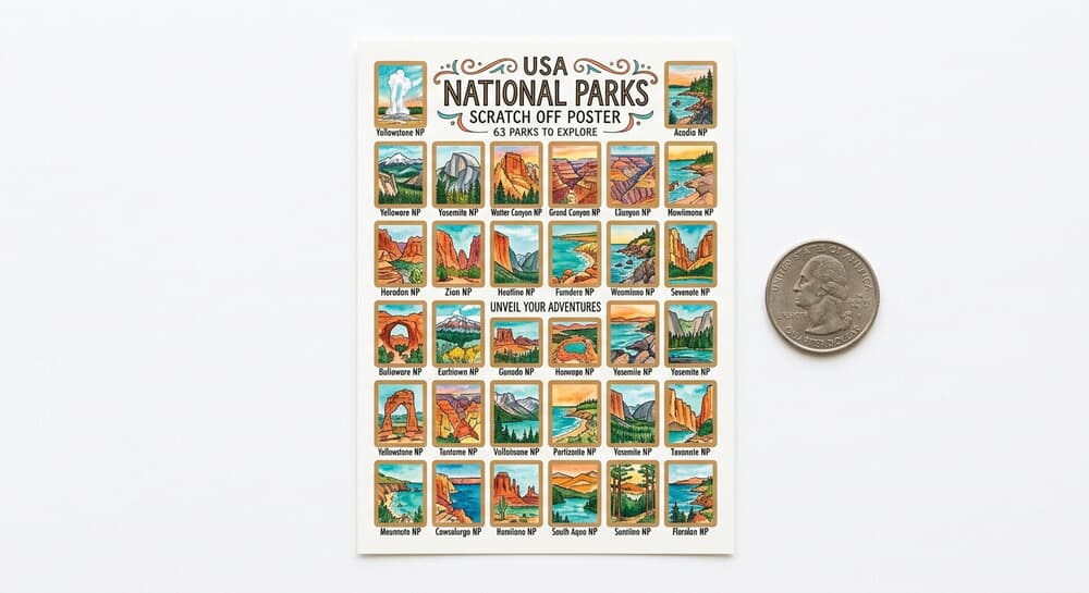 Palettes and Prints National Parks scratch off poster with colorful park illustrations