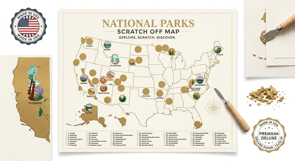 Pop Chart National Parks scratch-off map with typographic design on premium paper