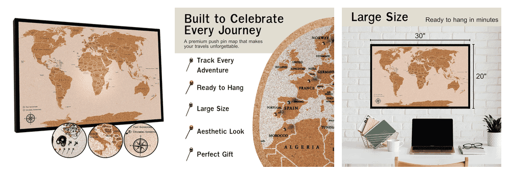 AdventureScape Push Pin World Travel Map showing cork texture and premium pin detail