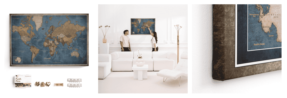 CANVASCALE Canvas World Map Cork Board showing multiple design options and pin detail