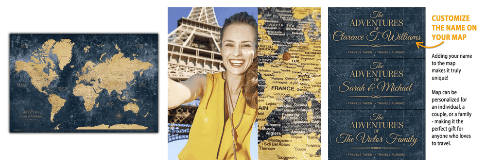 HolyCowCanvas Gold and Navy World Travel Map showing personalization and size options