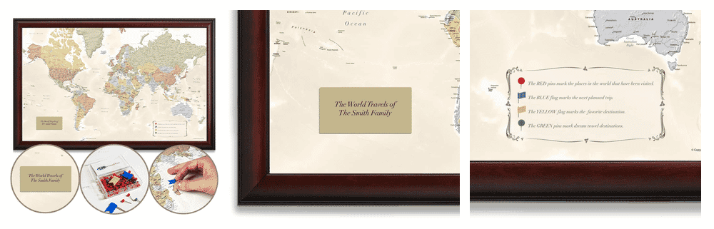Map Your Travels Deluxe Push Pin World Map showing wood frame quality and construction detail