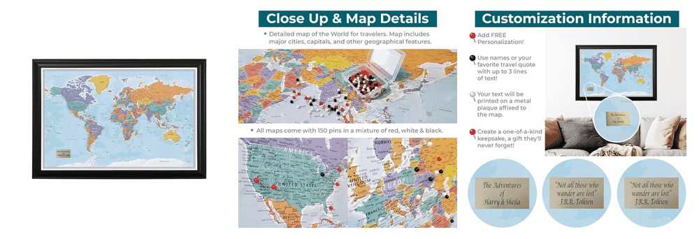 Push Pin Travel Maps Blue Oceans World Map showing colorful design and plaque detail