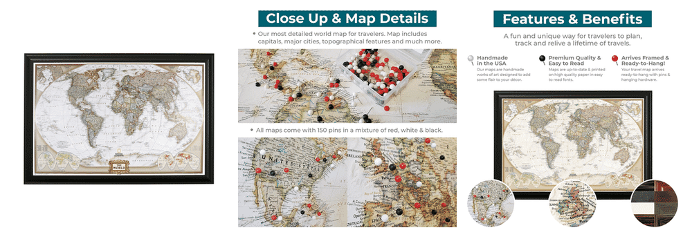 Push Pin Travel Maps Executive World Map showing multiple views and pin detail