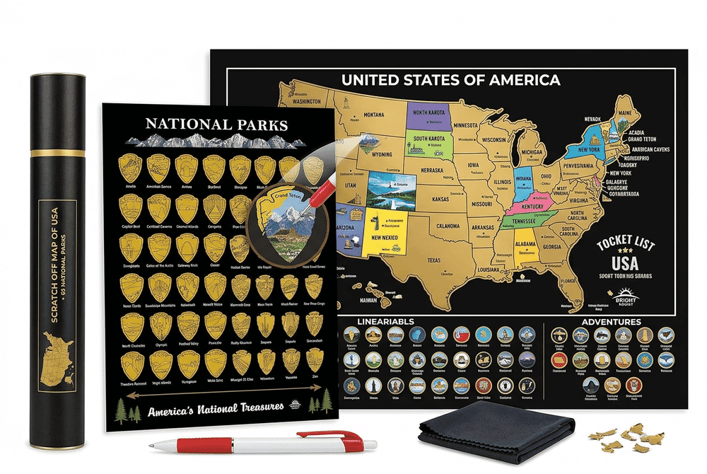 Bright Standards USA and National Parks scratch off map bundle with accessories