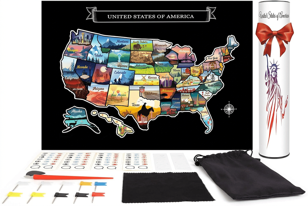 GlibertVillageGoods hand-drawn USA scratch off map with artistic illustration detail