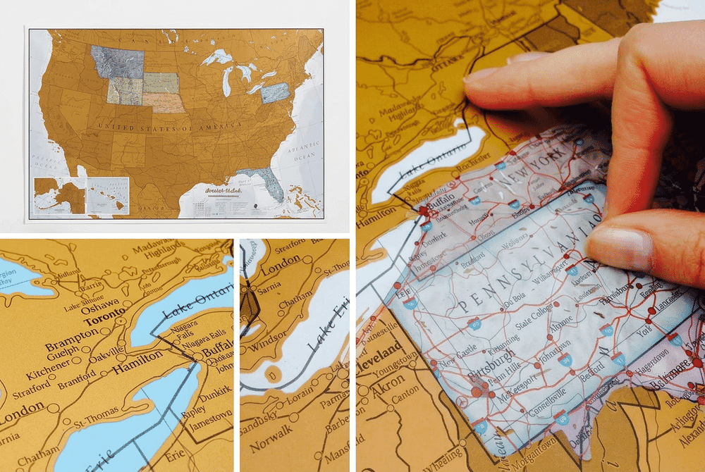 Maps International Scratch Off USA Map showing gold foil layer and colorful revealed states