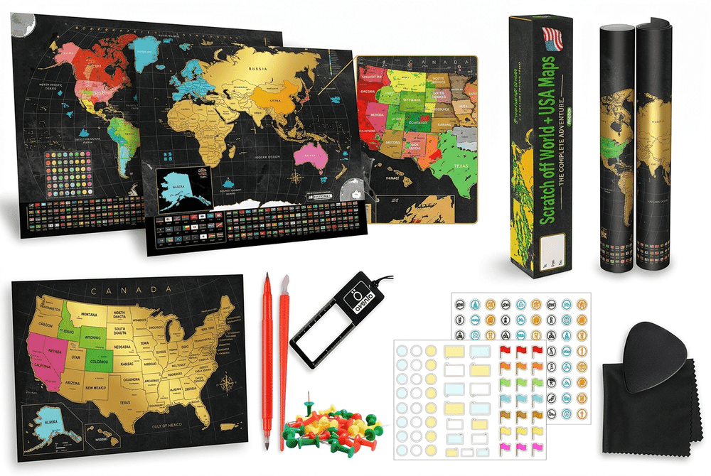 OVANTO World and USA scratch off map set with gift box and accessories