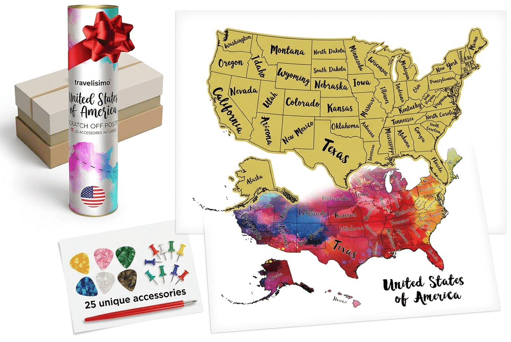 TRAVELISIMO Scratch Off USA Map with colorful design and accessories kit