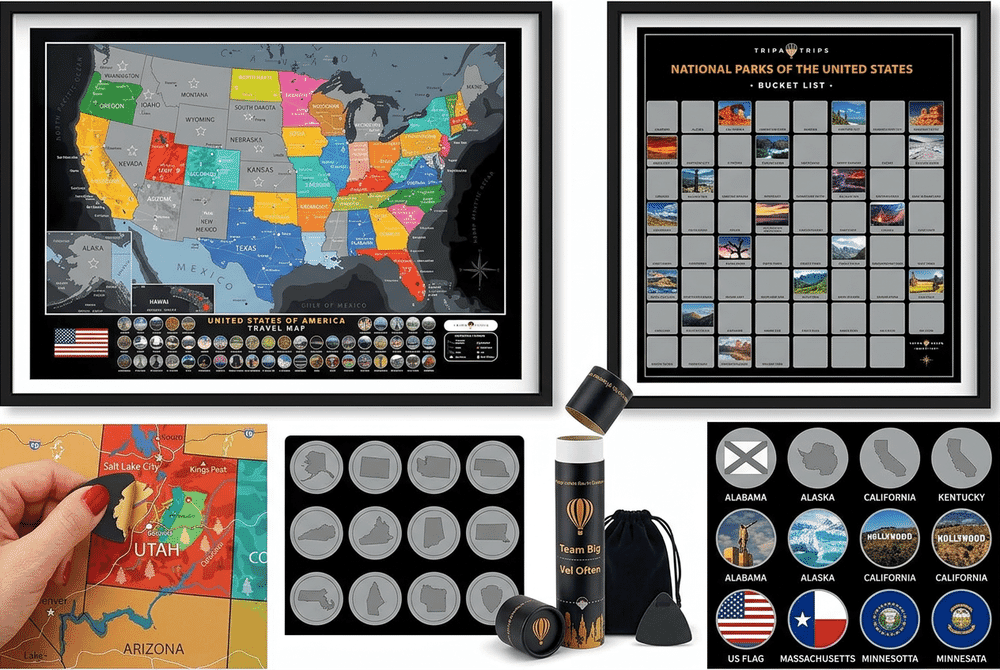 TRIPA TRIPS USA Scratch Off Map with national parks, landmarks, and state flags detail