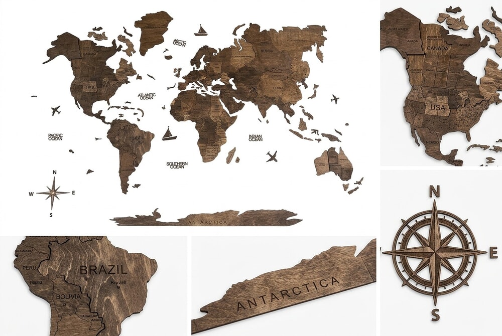 Awesometik Handmade 3D Wood World Map product collage showing walnut finish and handmade detail