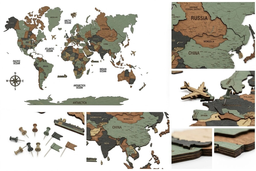 Colorfull Worlds Premium XL Wooden World Map product collage showing vibrant multicolor printing on wood