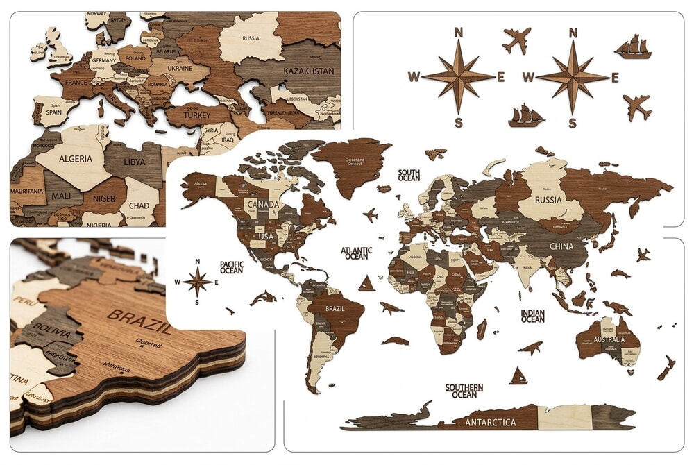 Colorfull Worlds Multilayer 3D Wooden World Map product collage showing front view and layered depth detail