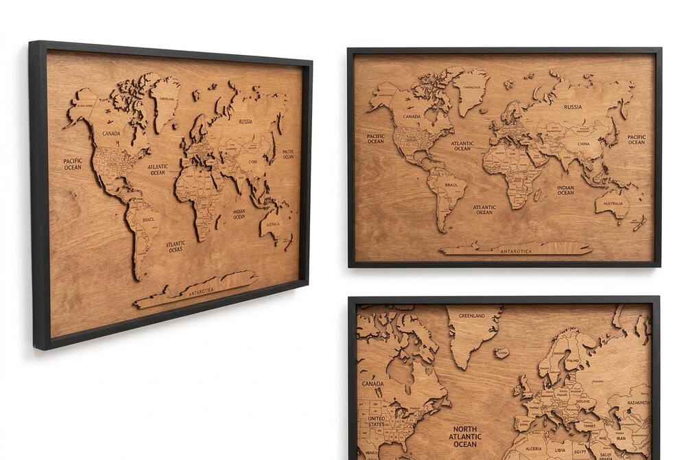 Enjoy The Wood Framed World Map product collage showing pre-mounted board design and wood detail