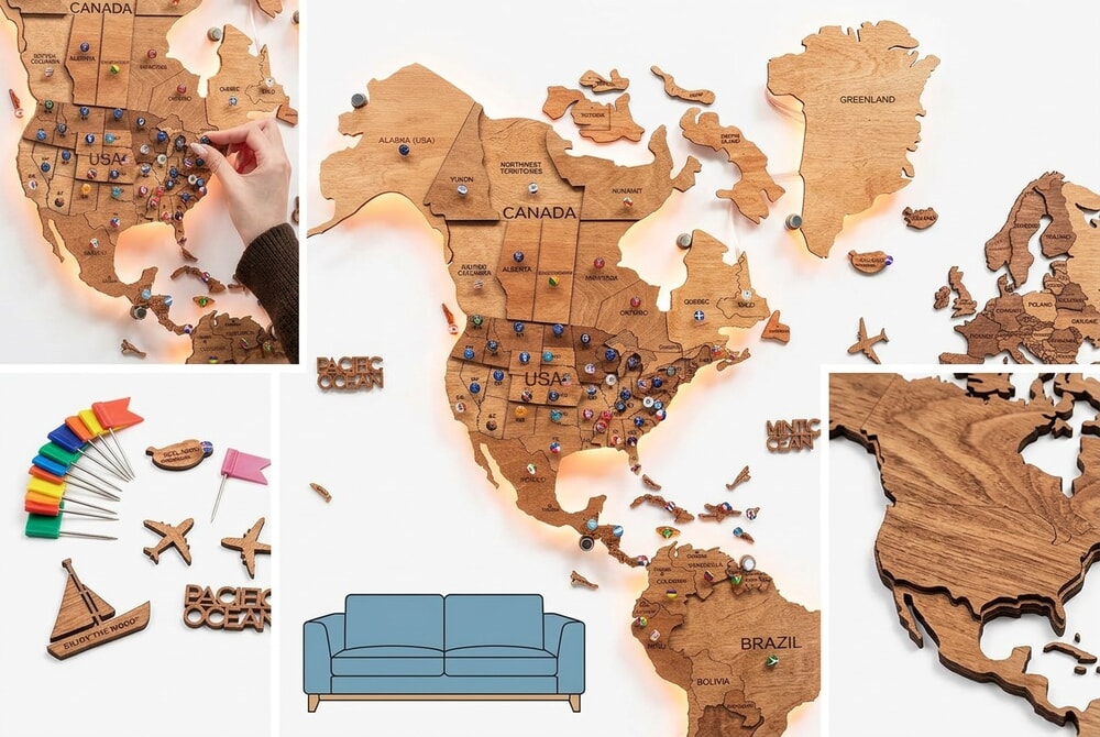 Enjoy The Wood LED 3.0 World Map product collage showing LED backlighting effect and wood detail