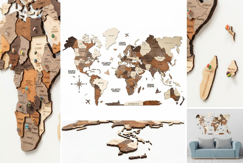 Enjoy The Wood 3D Wooden World Map product collage showing front view and detail of layered wood