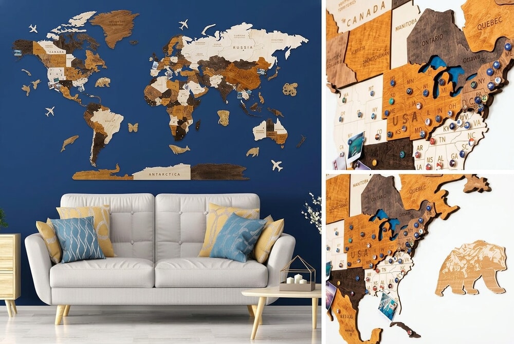 HYPERI Multilayered 3D Wooden World Map product collage showing hand-painted multicolor detail