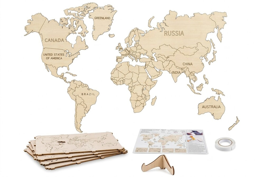 WOODEN.CITY Wooden World Map compact format product collage showing laser-cut detail
