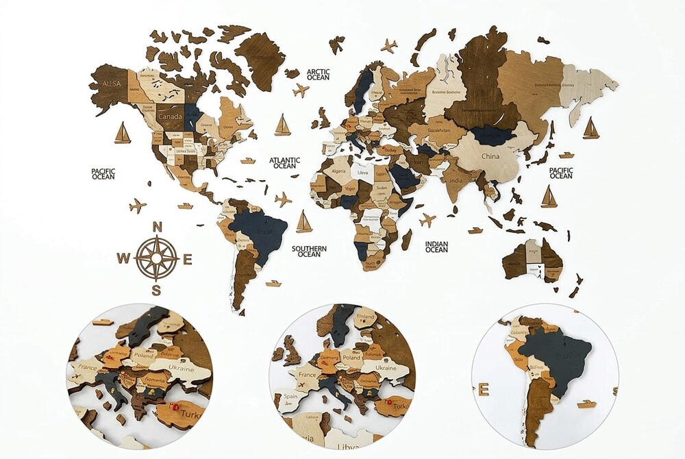 WoodLeo 3D Wooden World Map product collage showing front view and wood grain detail