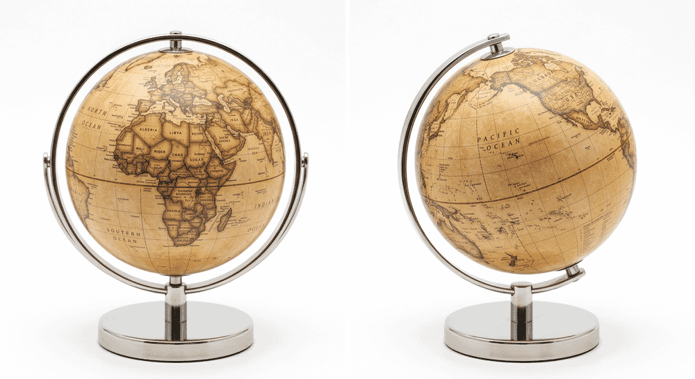 Annova Antique 5.5-Inch Globe showing vintage brown coloring and stainless steel stand