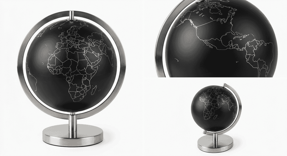 ANNOVA Metallic Black 8-Inch Globe product views showing modern black design and steel stand