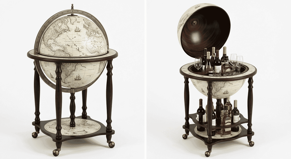 Goplus 17.5-Inch Globe Bar showing open and closed views with interior storage