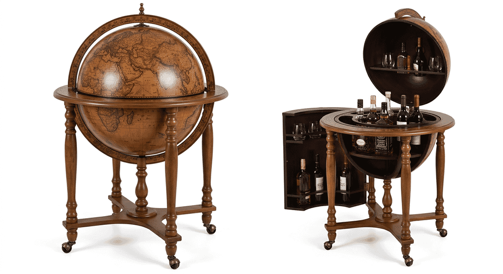 Goplus 34.5-Inch Floor Globe Bar showing open interior with bottles and full standing view