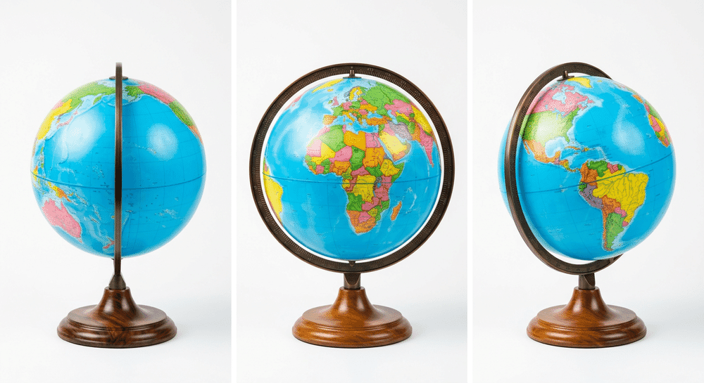 Replogle Aragon 12-Inch Globe product views showing blue ocean map and wood base